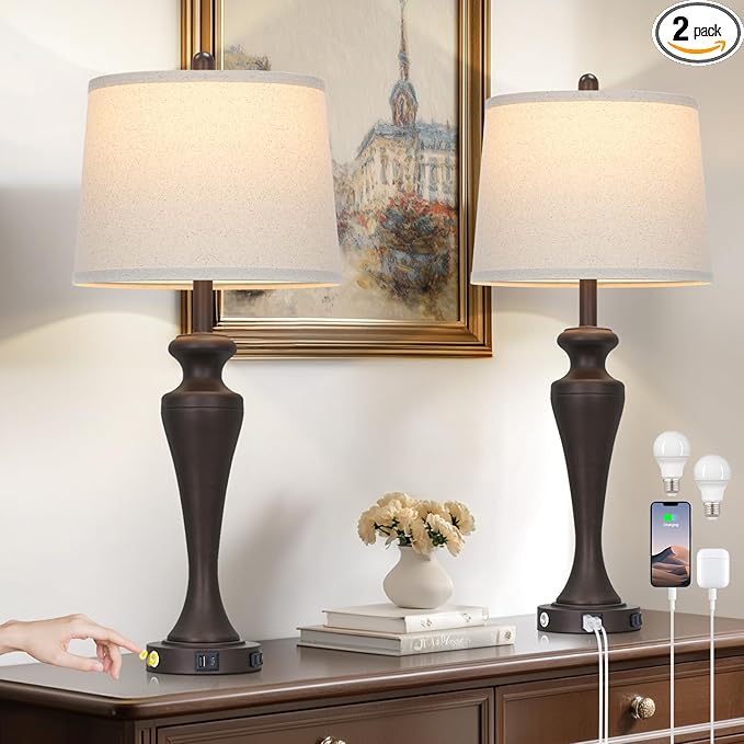 luxeflow 30" Brown Table Lamps Set of 2, 3-Way Touch Control Bedside Lamp with USB A+C Ports and AC Outlet, Tall Living Room Lamps for End Table, Elegant Coffee Bedroom Lamp for Night Stand