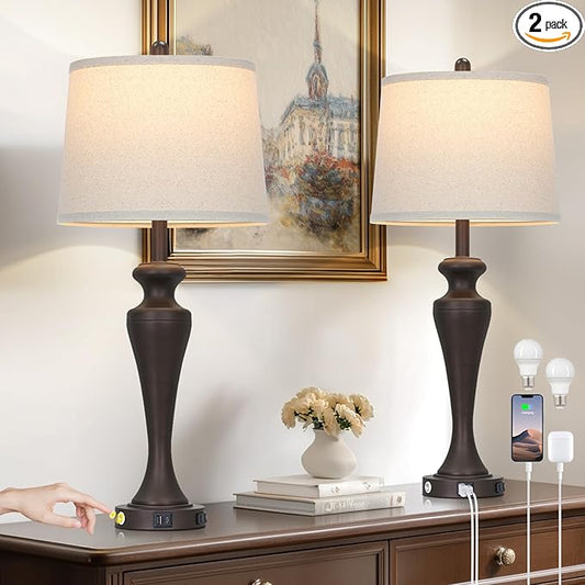 luxeflow 30" Brown Table Lamps Set of 2, 3-Way Touch Control Bedside Lamp with USB A+C Ports and AC Outlet, Tall Living Room Lamps for End Table, Elegant Coffee Bedroom Lamp for Night Stand