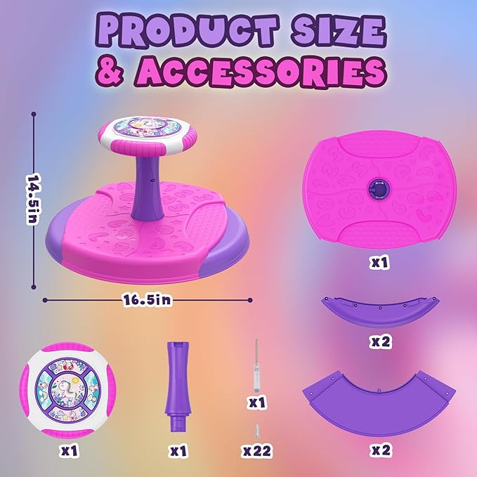 Unicorn Sit and Spin Toys for Toddlers 1-3 Girls, 360° Toddler Spinning Seat with LED Lights and Music, Sensory Toys Birthday for Kids 3-5