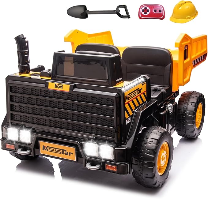 Kidsera 24V Ride On Dump Truck, 24inch-2 Seater Ride On Car for Kids w/Remote Control 4WD/2WD Up to 5 Mph, 24v Ride on Toys for Big Kids w/Electric Dump Bed Extra Shovel Traffic Cones (Yellow)