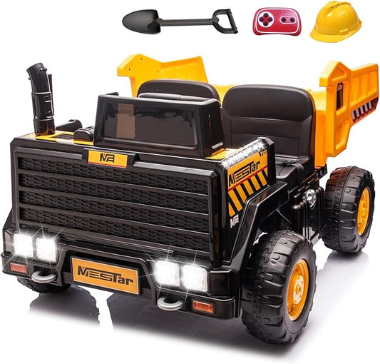 Kidsera 24V Ride On Dump Truck, 24inch-2 Seater Ride On Car for Kids w/Remote Control 4WD/2WD Up to 5 Mph, 24v Ride on Toys for Big Kids w/Electric Dump Bed Extra Shovel Traffic Cones (Yellow)