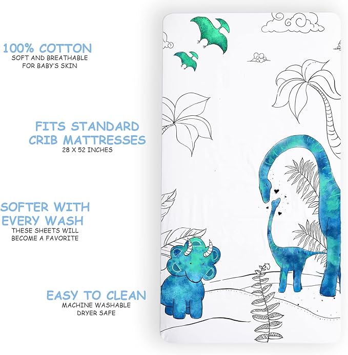 JumpOff Jo - Fitted Crib Sheet, Super Soft Breathable 100% Cotton Baby Crib Sheet for Standard Crib Mattresses and Toddler Beds, 28 in. x 52 in. - Blue Dinosaur