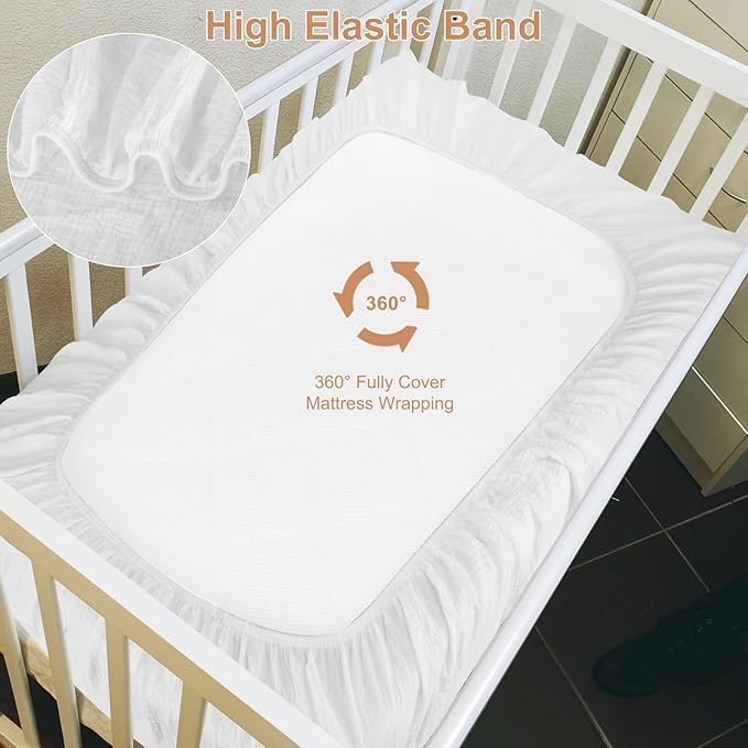 2 Pack White Muslin Mini Crib Sheets for Girl and Boy- Neutral Breathable Mini Crib Mattress Sheets Fitted for 24"x 38" -Nursery Décor Soft No Slip Crib Bed Sheets