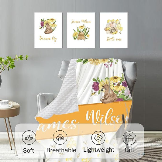 Personalized Baby Crib Bedding Set, Custom Name Nursery Bedding 5-Piece - Baby Blanket Fitted Sheet Changing Pad Cover Rug and Wall Art, Bee-Themed Crib Gift for Boys Girls
