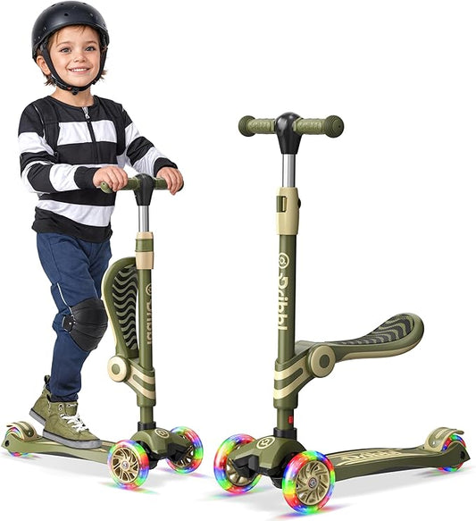 Army 3 Wheel Scooter with Seat for Kids, Light-Up Wheels, Adjustable Lean to Steer Handlebar and Seat, Smooth Wheels, Wide No-Slip Deck, Rear Foot Brake, Toddler Outdoor Toys for Ages 2+