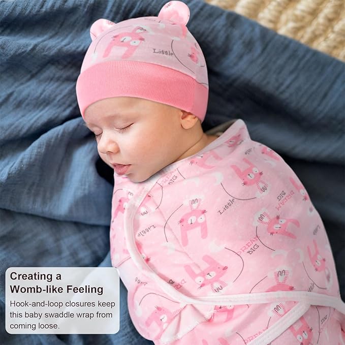 DRESHOW BQUBO 3 Pack Baby Swaddle Sleep Sacks Baby Swaddling Blanket Wrap Newborn Swaddle Sack with Bear Ears Hat for Boys Girls 6-12 Lbs Newborns & 0-3 Months Girls Boys