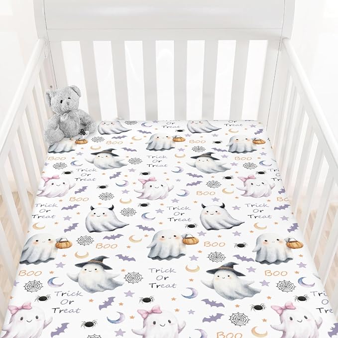 Cute Spooky Halloween Baby Crib Sheets Watercolor Witch Hat Spooky Pumpkins Baby Sheets Fall Moon Stars Fitted Crib Mattress Cover for Standard Crib Toddler Mattresses 28x52in