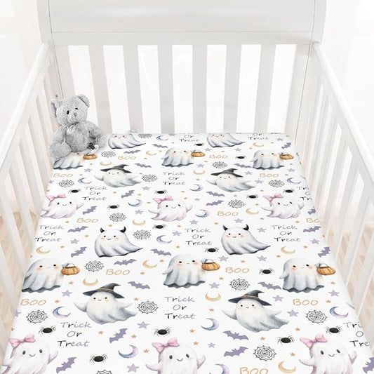 Cute Spooky Halloween Baby Crib Sheets Watercolor Witch Hat Spooky Pumpkins Baby Sheets Fall Moon Stars Fitted Crib Mattress Cover for Standard Crib Toddler Mattresses 28x52in