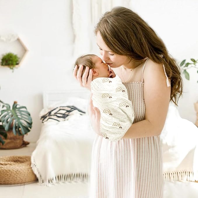 lulumoon Baby Muslin Swaddle Blankets: Soft Receiving Blanket for Newborn - Cotton Swaddling Blanket for Neutral 3Pack(Rainbow Khaiki)