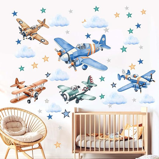 Airplane Wall Stickers for Boys Kids: Peel and Stick Cloud Star Aircrafts Wall Decals for Baby Nursery Kid Bedroom Toddler Room - Children Supplies Ages 1-12 Year Wall Decor