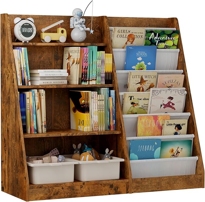HedoAjim Kids Bookshelf for Bedroom Toddler Child Baby Bookcase 4-Tier for Nursery Book Toy Storage Organizer 6 Sling Adjustable Display Shelf Stand Book Rack Wood Classroom Playroom Rustic Brown