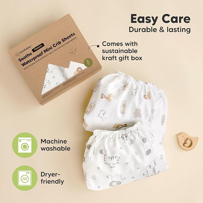 2 Pack and Play Sheets, Waterproof Mini Crib Sheets Fitted - 38x26 Organic Cotton Pack N Play Sheets for Graco Pack and Play Mattress, Playard Baby Crib Sheets,Neutral for Boy,Girl,Toddler(KeaSafari)