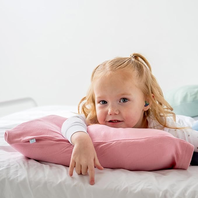 Dreamland Baby Premium Toddler Pillow and Dusty Pink Pillowcase, 13 x 18. Machine Washable, Ergonomic Kids Pillow + Ultra Soft Viscose Pillowcase. Mom-Owned US Business, Premium Materials