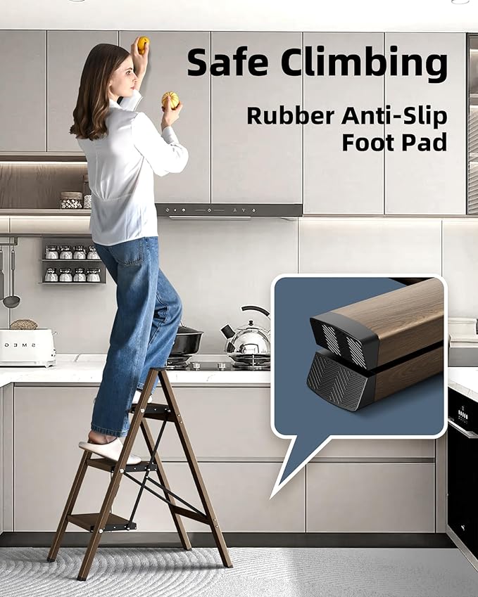 HillhutApex 3 Step Stool, Aluminum Foldable Step Ladder, Lightweight Stable Stool with Wide Non-Slip Pedals, 330lbs Bearing Capacity Ladder for Office,Home,Kitchen - Walnut