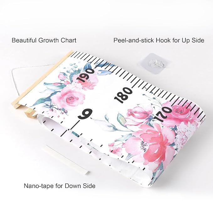 BESSLEE Canvas Kids Growth Chart for Wall, Floral Height Measurement Tracker for Baby Girl, Hanging Ruler with Removable Hook, Nursery Room Playroom Toddler Bedroom Decor, 79”x7.9” Pink