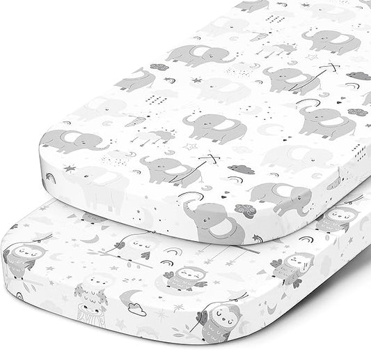 Bassinet Fitted Sheets Compatible with Ingenuity Foldaway Rocking, Lullanight Soothing, Snuggity Snug and Dream on Me Poppy Traveler Bassinet – Snuggly Soft 100% Jersey Cotton – 2 Pack