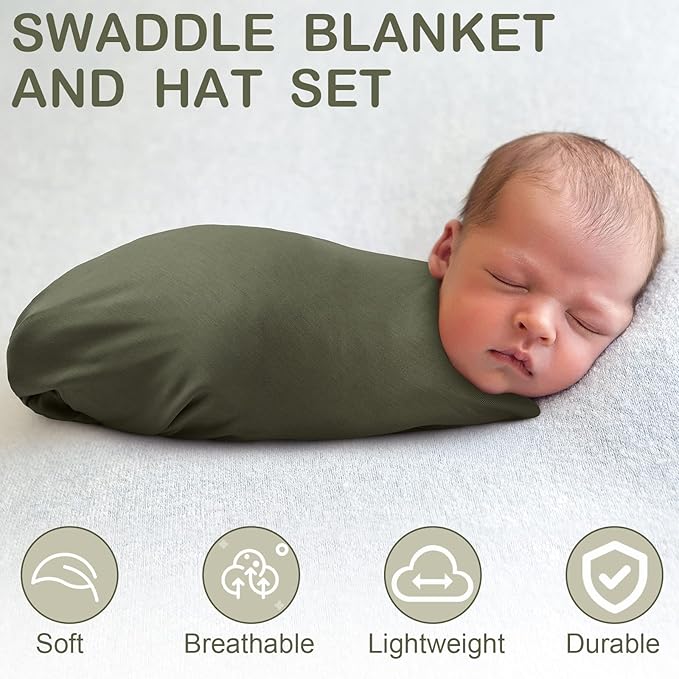 JaGely 2 Pcs Stretchy Baby Swaddle Blankets Set Extra Soft 47" x 47" Baby Newborn Swaddle Blanket and Hat(Blue, Army Green)