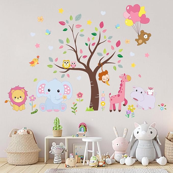 Amimagen Pink Animals Baby Wall Stickers - Forest Lion Elephant Monkey Hippo Wall Decals - Girls Baby Nursery Kids Room Wall Decor
