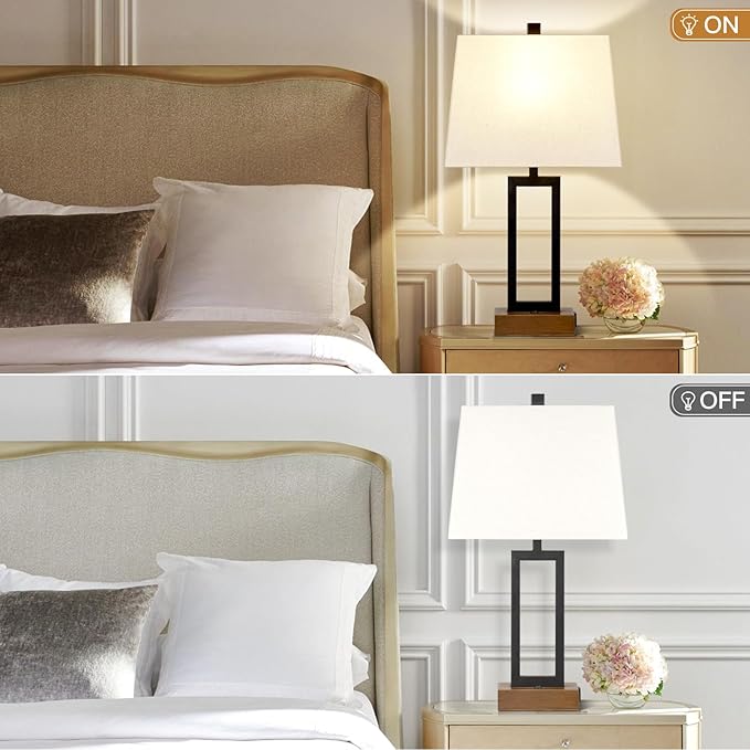 Lolikit Table Lamp for Bedroom Set of 2 with 2 USB Ports and AC Power Outlet, 23.5" Modern Bedside Lamp, Wood Nightstand Lamp with Linen Shade for Living Room Hotel Desk(LED Bulb Included)