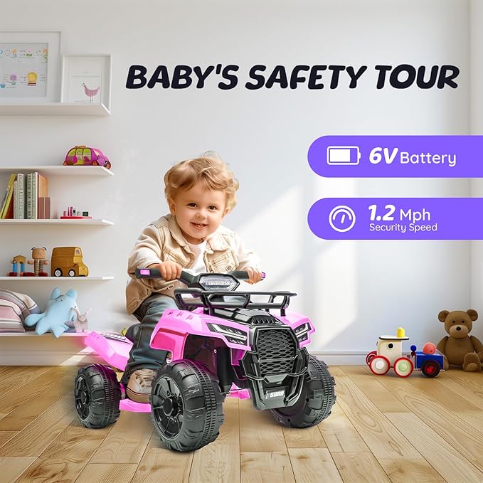 ATV for Kids, 6V Battery Powered Toddler 4 Wheeler w/Music, Light, 1.2mph Max Speed, Kids ATV 4 Wheeler for Toddlers Aged 1.5-3 Years Old, Light Pink