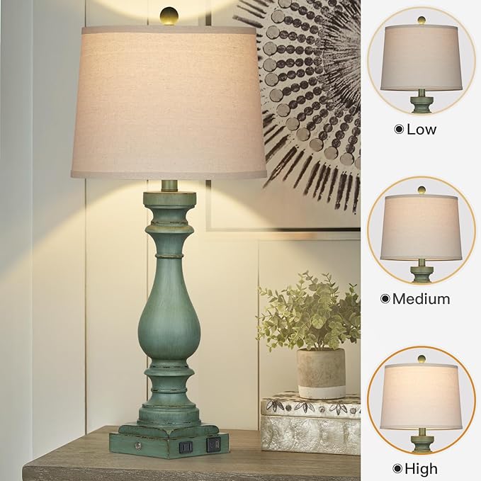 Cinkeda 29" Tall Table Lamp for Living Room Set of 2,Vintage Bedside Nightstand Lamps with USB C+A Ports & AC Outlet,3-Way Dimmable Touch Control Retro Green Desk Lamp for Bedroom,Color 4