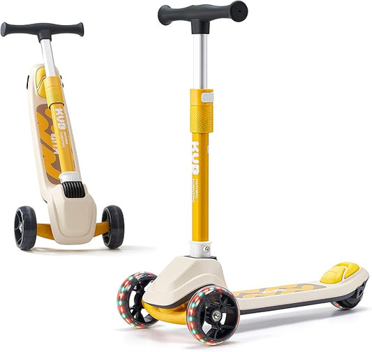 KUB Toddler Scooter for Kids Ages 2+, 3 Wheel Kick Scooter with LED Light-Up Wheels, Adjustable Height Handlebar, Lean-to-Steer, Anti-Slip Deck, Easy-Fold Design, Gift for Boys and Girls