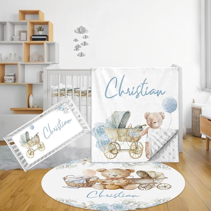 Personalized Baby Crib Bedding Set, 3 Pcs Custom Nursery Bedding Set with Name, Soft Baby Crib Set with Double Layer Blanket for Boys Girls, Customized Gifts for Toddlers Infants, Blue Bear