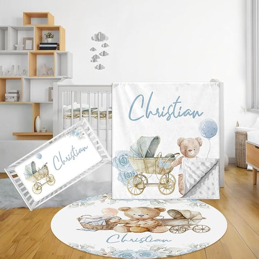 Personalized Baby Crib Bedding Set, 3 Pcs Custom Nursery Bedding Set with Name, Soft Baby Crib Set with Double Layer Blanket for Boys Girls, Customized Gifts for Toddlers Infants, Blue Bear
