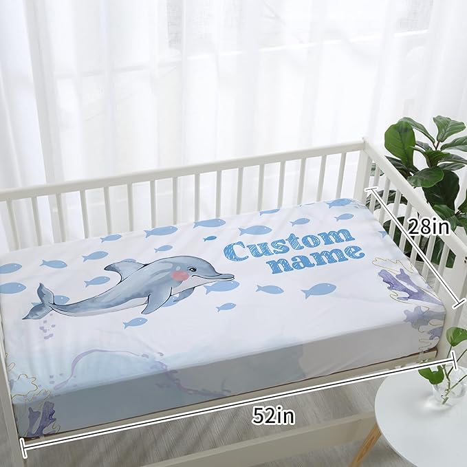 Personalized Baby Crib Bedding Set: 4 Piece Custom Blue Dolphin Crib Bed Set with Name, Nursery Bedding Set for Baby Girls, Newborn Boys Crib Sets, Crib Bedding Custom Gift, Crib Sheet