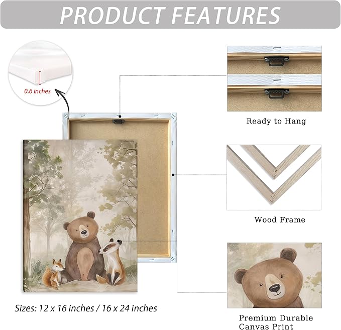ICHZUMW Woodland Animals Nursery Wall Decor, Nursery Wall Art, Watercolor Deer Bear Fox Painting Print Artwork for Boys Girls Kids Room, Wrapped Canvas, Ready to Hang, 12x16in, Set of 3