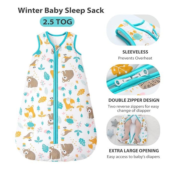 Mosebears Sleep Sack Baby Winter Wearable Blanket with 2-Way Zipper,2.5 TOG Cotton Sleep Sack Unisex (Animal World, 18-24 Months)