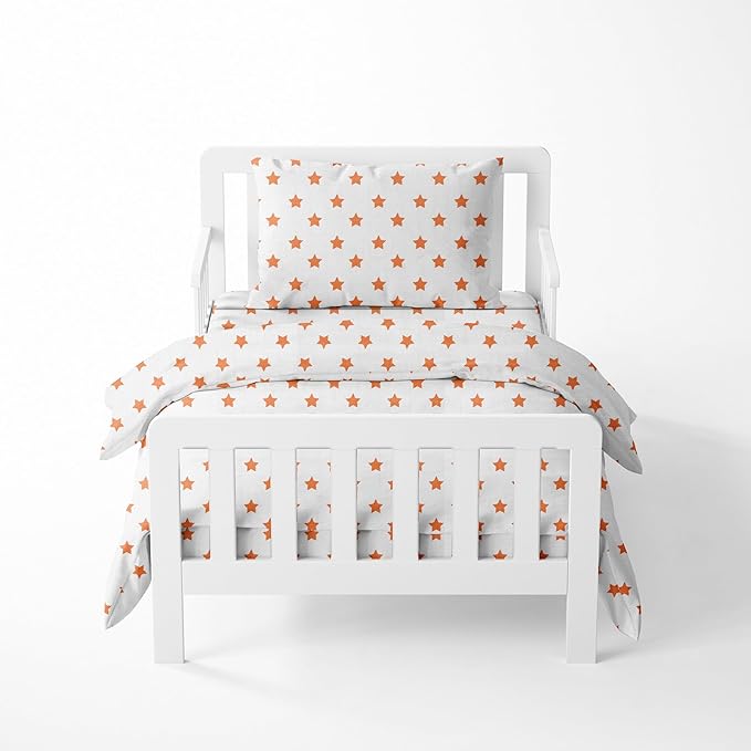 Bacati - Muslin Ikat Stars 4 Piece Neutral Toddler Bedding Set 100 Percent Cotton Includes Reversible Comforter, Fitted Sheet, Top Sheet, and Pillow Case (4 pc Toddler Bedding Set, Orange Stars)