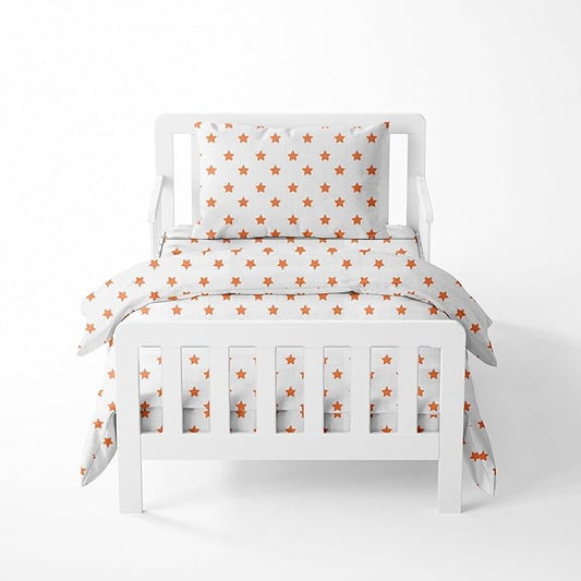 Bacati - Muslin Ikat Stars 4 Piece Neutral Toddler Bedding Set 100 Percent Cotton Includes Reversible Comforter, Fitted Sheet, Top Sheet, and Pillow Case (4 pc Toddler Bedding Set, Orange Stars)