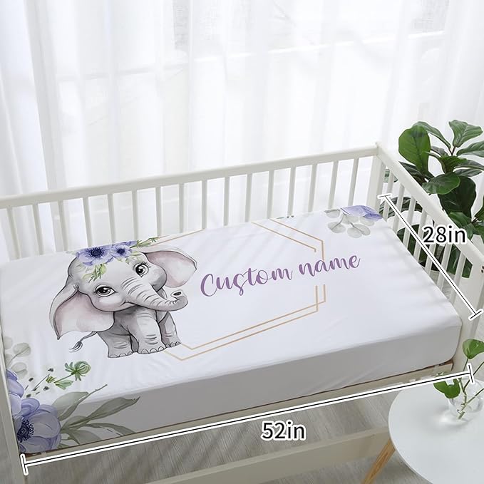 Personalized Baby Crib Bedding Set: 4 Piece Purple Flower Custom Gift Crib Bed Set with Name - Elephant Design, Nursery Bedding Set for Baby Girls,Newborn Girls Crib Sets, Crib Bedding Shower Gifts