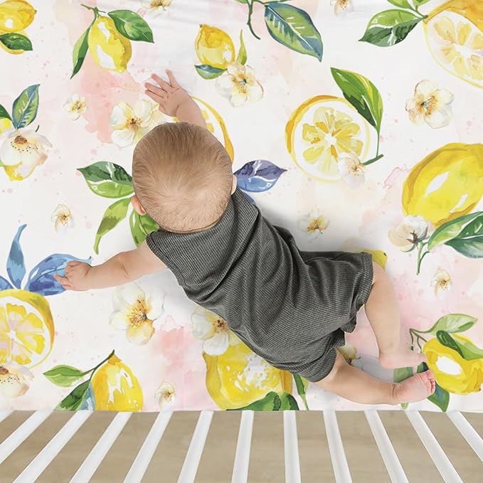 Lemons Baby Crib Sheets for Boy Girl 52x28Inch Lemon Branch Leaves Flowers Soft Stretchy Fitted Crib Mattress Covers Tropical Summer Fruits Baby Sheet for Standard Crib and Toddler Bed Mattress