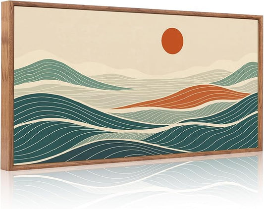 CHDITB Coastal Long Horizontal Framed Wall Art, Minimalist Sea Wall Decor, Waves Line Artwork Ocean Waves Painting, Modern Coastal Art Prints for Beach House Decor Nautical Theme Room 40”x20”x1