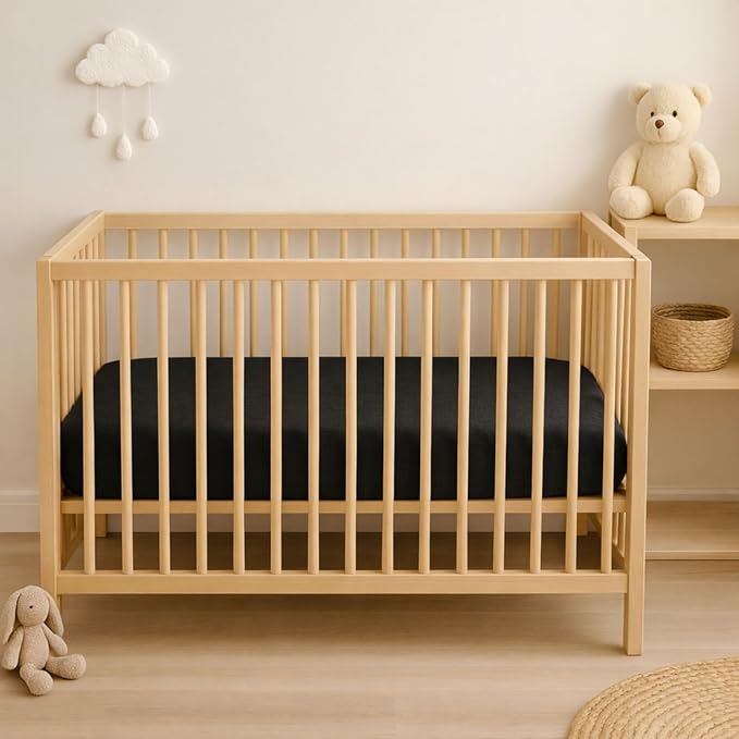 2 Pack Black Muslin Crib Sheets for Boys & Girl- Neutral Breathable Cotton Crib Mattress Sheets Fitted for Standard 28"x 52"- Nursery Décor No Slip Crib Bed Sheets