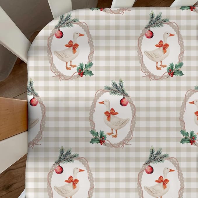 Christmas Geese Red Bows Baby Crib Sheets Cute Ducks Cherry Fir Leaves Soft Baby Sheets Winter Festive Holiday Farm Animals Fitted Crib Mattress Cover for Standard Crib & Toddler Mattress 52"x28"