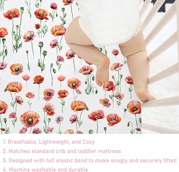 Watercolor Poppy Floral Baby Crib Sheets 52''x28'' Red Poppy Flowers Snug Fitted Crib Mattress Cover for Boy Girl Wild Floral Soft Baby Nursery Bed Sheets for Standard Crib and Toddler Mattresses