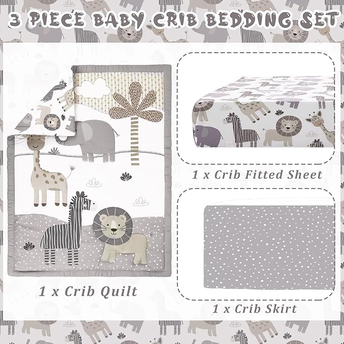 3 Pcs Baby Crib Bedding Set Safari Animals Elephant Zebra Lion Giraffe Neutral Crib Set Includes Quilt, Fitted Sheet, Skirt for Baby Boy Girl(Light Blue)