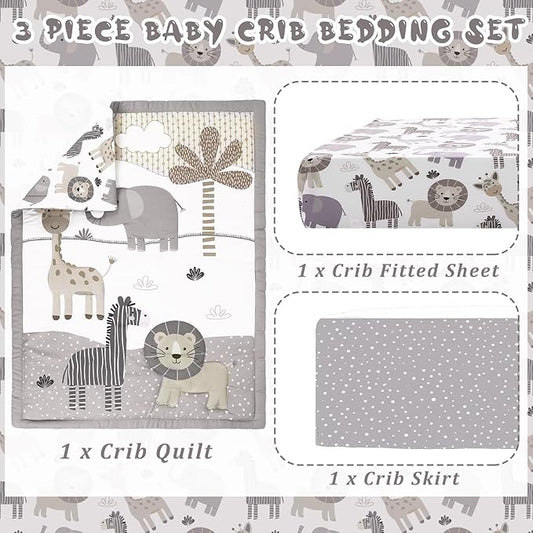3 Pcs Baby Crib Bedding Set Safari Animals Elephant Zebra Lion Giraffe Neutral Crib Set Includes Quilt, Fitted Sheet, Skirt for Baby Boy Girl(Light Blue)