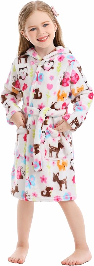 Toddler Robes Cute Pattern Bathrobe Unisex Kids Robe Baby Flannel Hoodie Pajamas Sleepwear