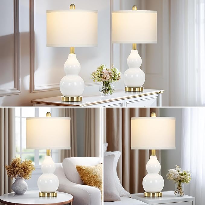 luxeflow 22" Modern Double Gourd Ceramic Table Lamps Set of 2, White Bedside Lamps for Living Room, Contemporary Nightstand Desk Lamps for Bedroom End Table Home Office Decor(2 LED Bulbs Included)