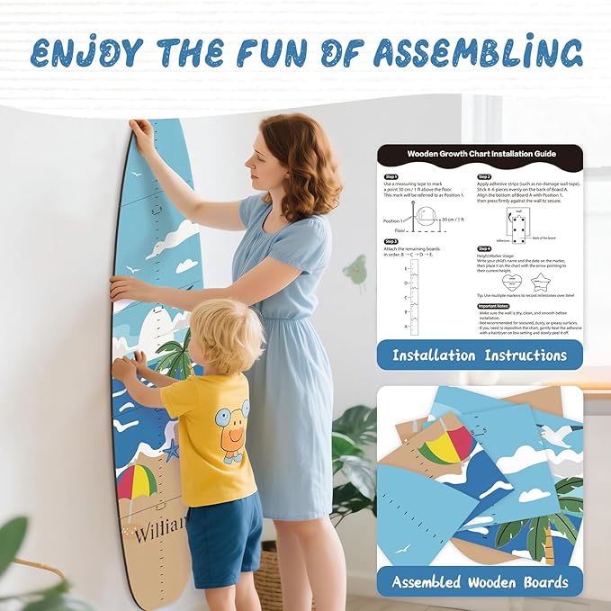 Personalized Name Growth Chart, Surfboard Children's Height Growth Chart Wall Board, Precision Height Measuring Instrument for Nursery Room, 63" x 15.4"