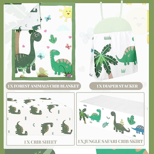 Oudain 4 Piece Dinosaurs Crib Bedding Set Including Green Blue Dinosaurs Crib Skirt, Blanket, Sheet and Diaper Stacker, Soft Nursery Standard Size Baby Bedding for Baby Girls and Boys