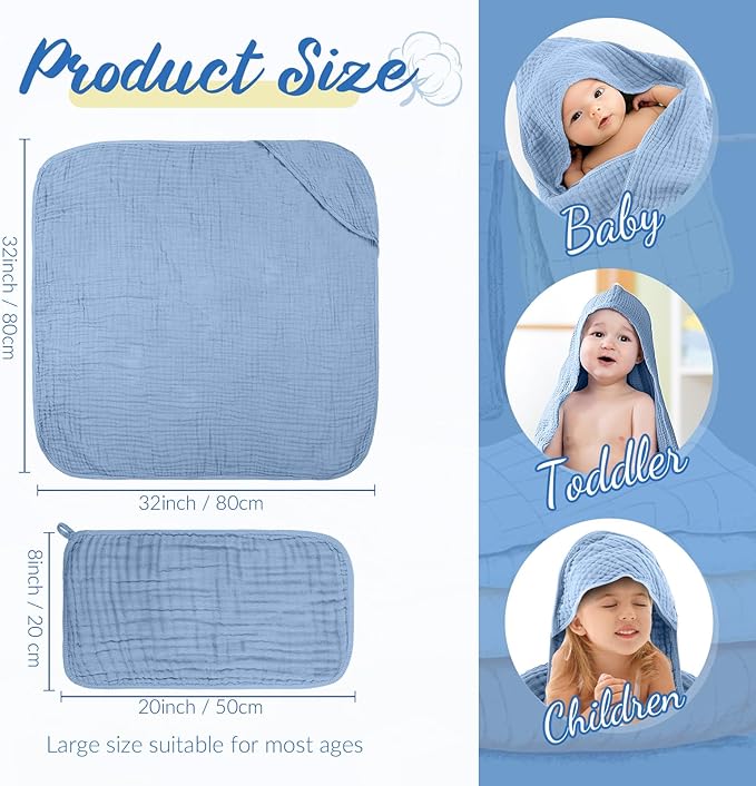 VitalCozy 8 Pcs Baby Muslin Hooded Bath Towels and Washcloths Muslin Cotton Hooded Baby Towels Absorbent Blankets for Gift Newborn Infant Shower (32 x 32 Inch,Gradient Blue)