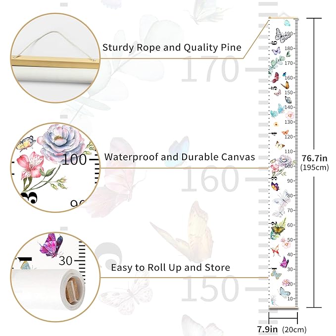 Personalized Growth Chart for Kids, Baby Height Chart with Custom Name, 77"x7.9" Canvas & Beige Wood Height Measuring Rulers for Boys Girls Removable Wall Ruler Hanging for Nursery Decor - Butterfly