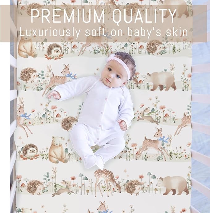 Pastel Animals Bows Floral Mushroom Baby Crib Sheets for Boy Girl Cute Bear Deer Bunny Hedgehog Soft Snug Fitted Crib Mattress Covers for 52''x28'' Standard Crib & Toddler Mattress Nursery Bed Sheets