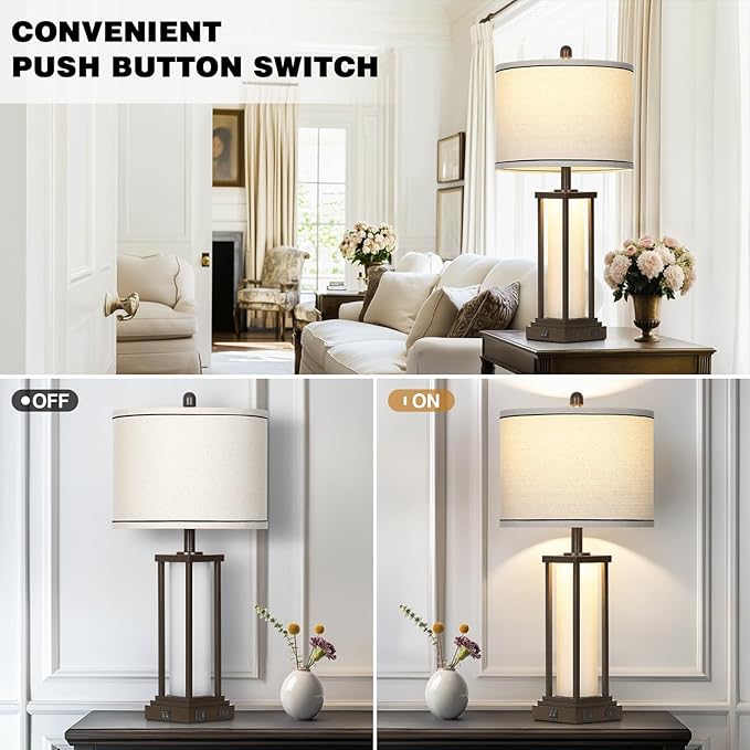 Cinkeda 27" Tall Vintage Table Lamps with USB C+A & Outlet,Brown End Table Lamp Set of 2 for Living Room,Rustic Bedside Lamps with Frosted Glass Night Light for Bedroom Nightstand,Oil-Rubbed Bronze