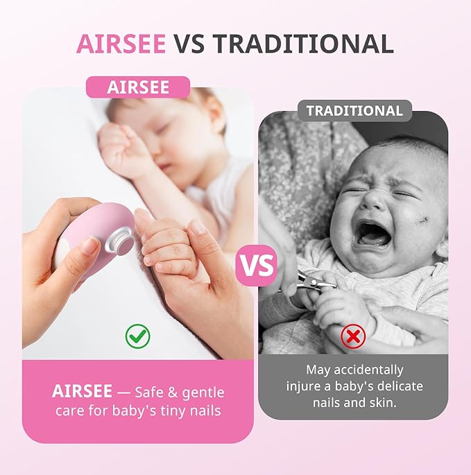 AIRSEE Premium Newborn Gift Electric Baby Nail File, Cordless Safe Nail Trimmer for Infant, 6 Replacement Heads with Magnetic Storage Case, 360° Light, Baby Clipper, Christmas, Candy Pink